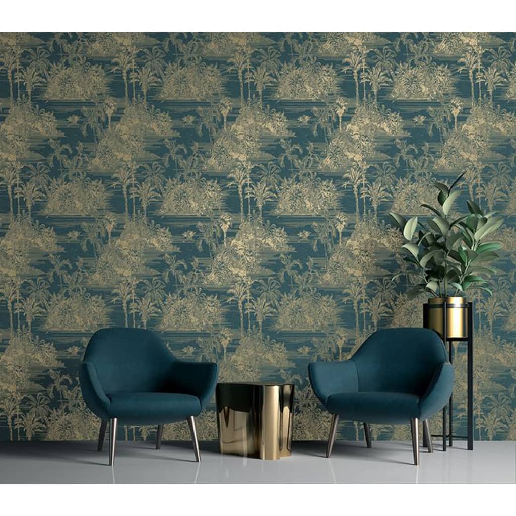 Wallpaper Tropical Dark Blue and Gold