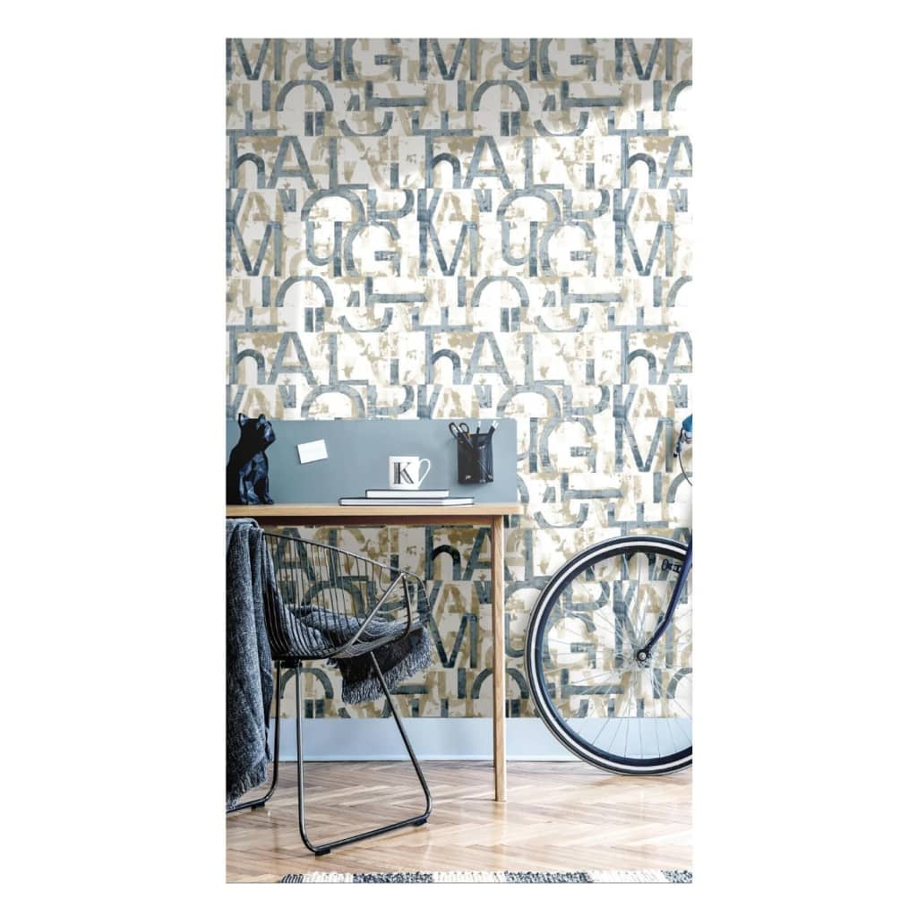 Wallpaper Friends & Coffee Words and Letters Blue and Metallic