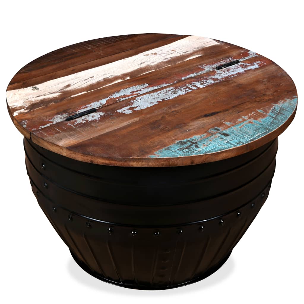 Coffee Table Solid Reclaimed Wood Black Barrel Shape