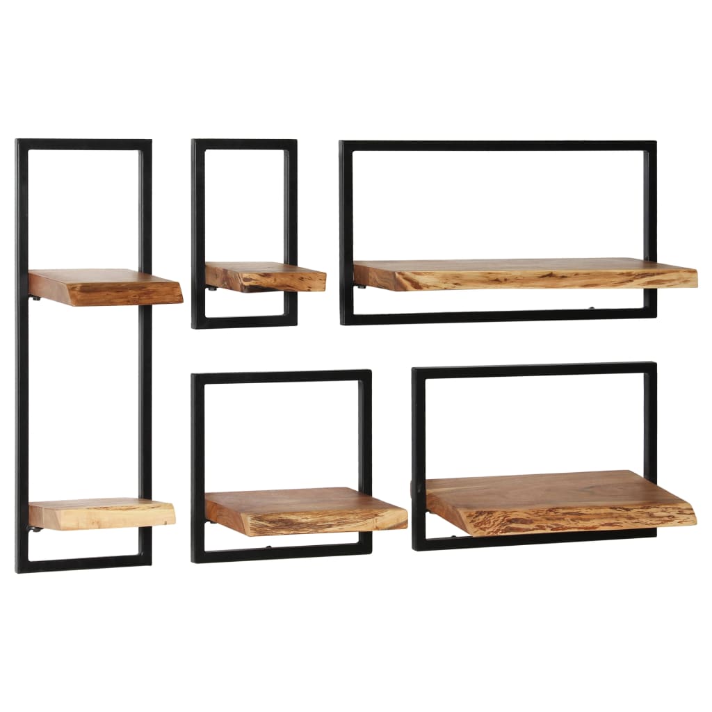 Wall Shelf Set 5 Pieces Solid Acacia Wood and Steel