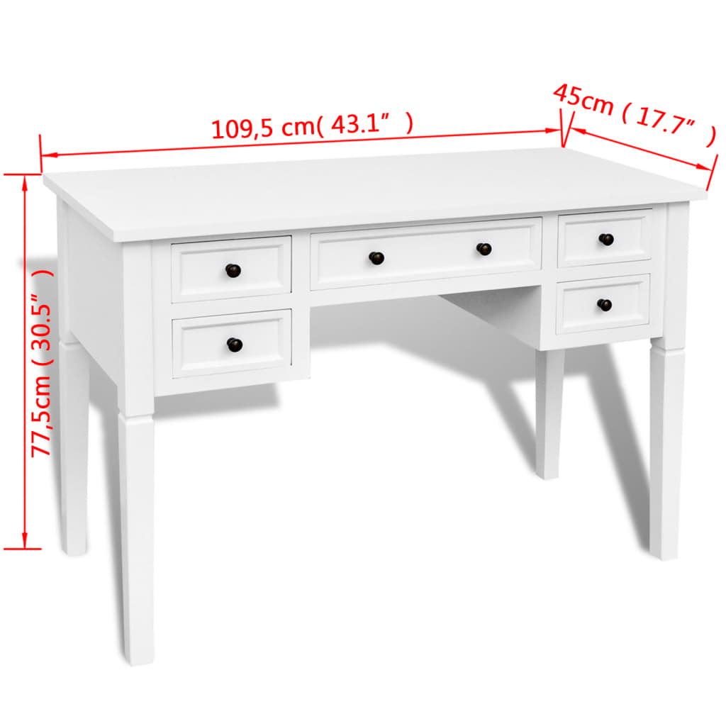 White Writing Desk with 5 Drawers