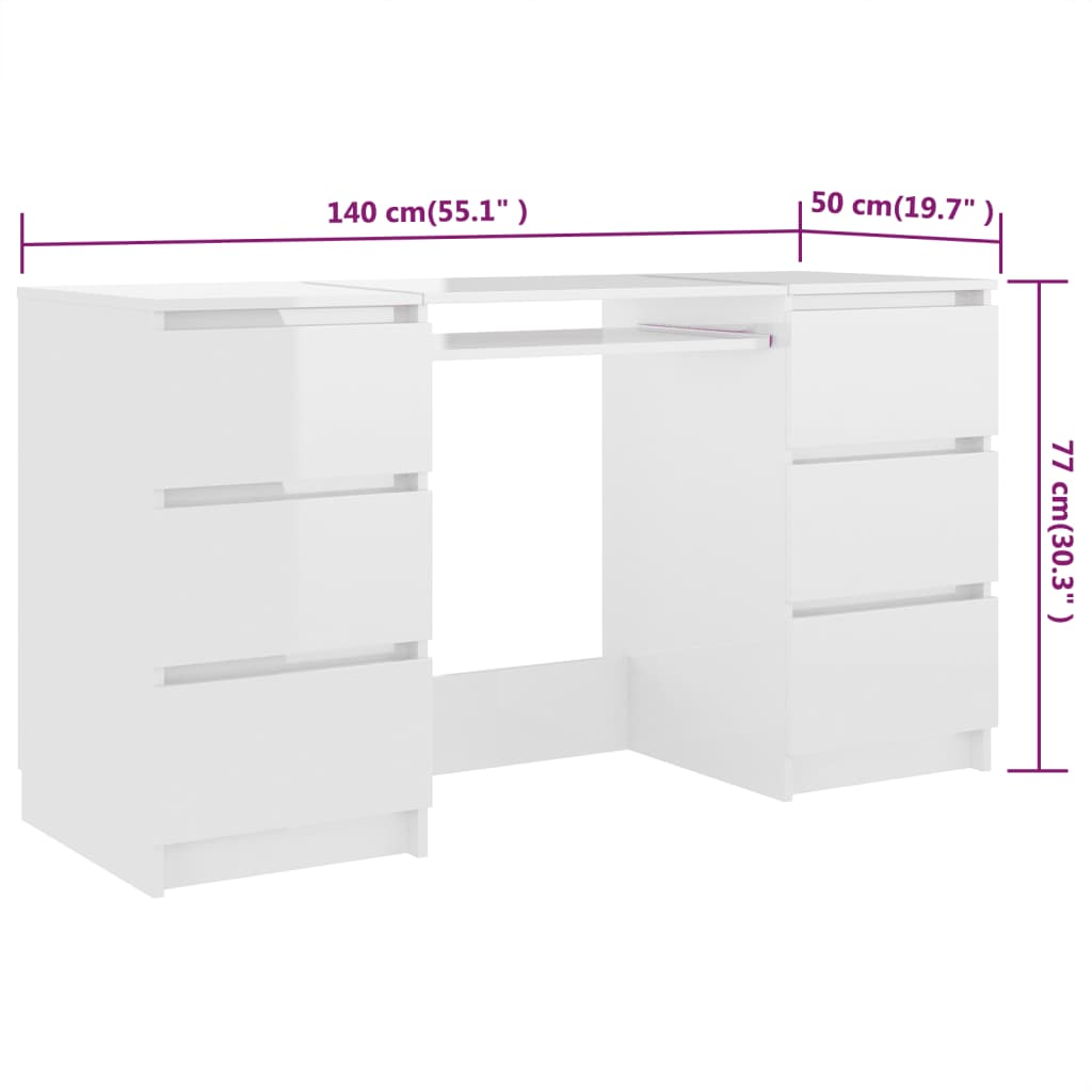 Writing Desk High Gloss White 140x50x77 cm Engineered Wood