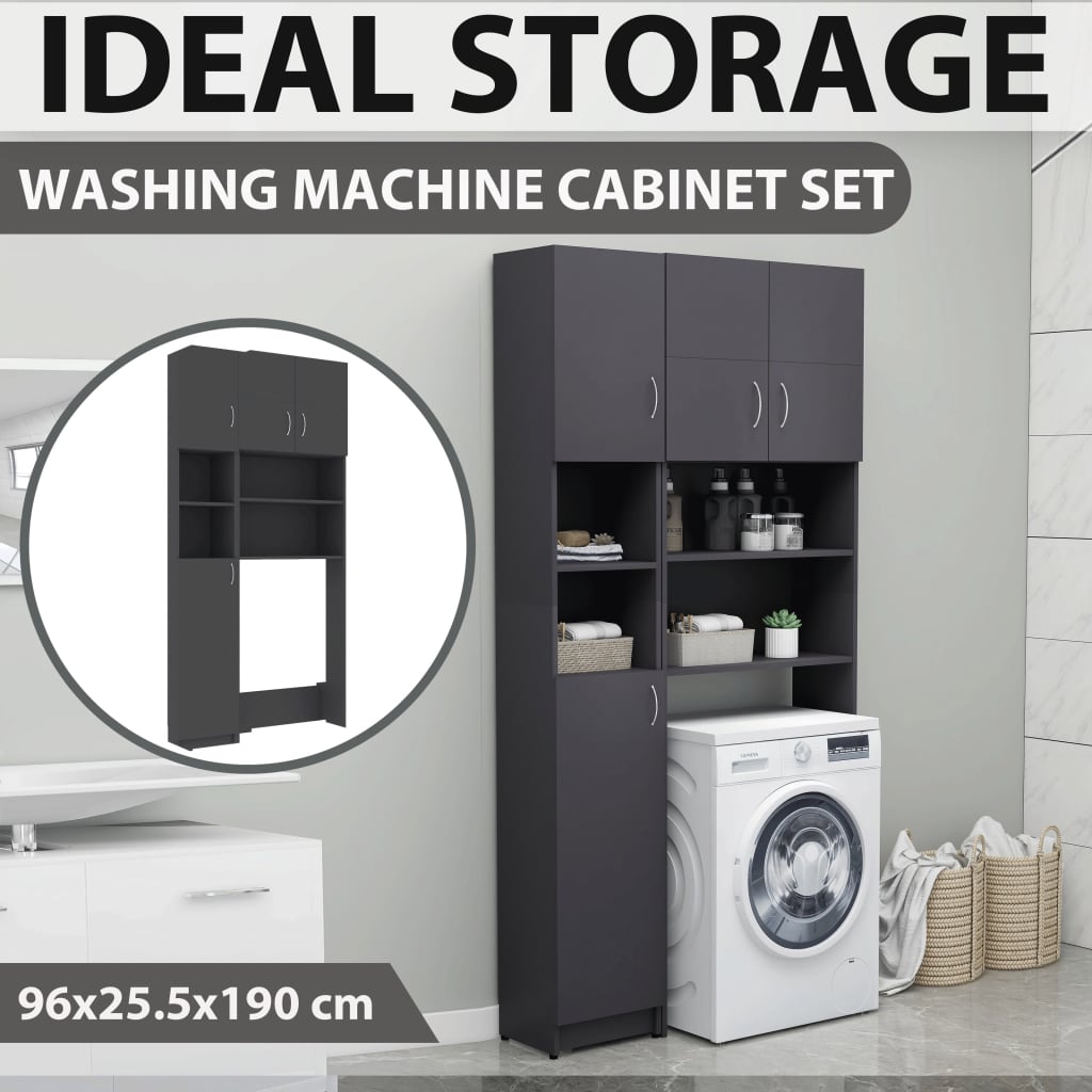 Washing Machine Cabinet Set Grey Engineered Wood