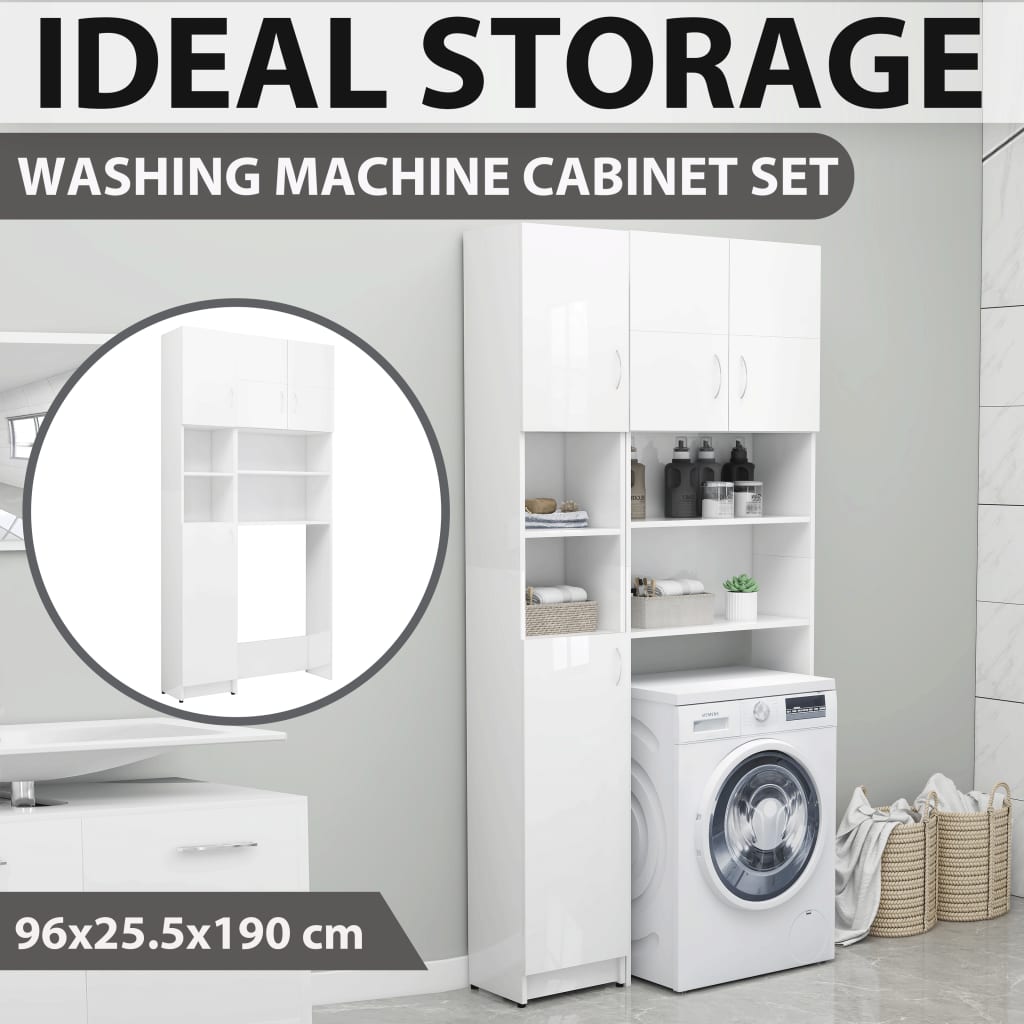 Washing Machine Cabinet Set High Gloss White Engineered Wood