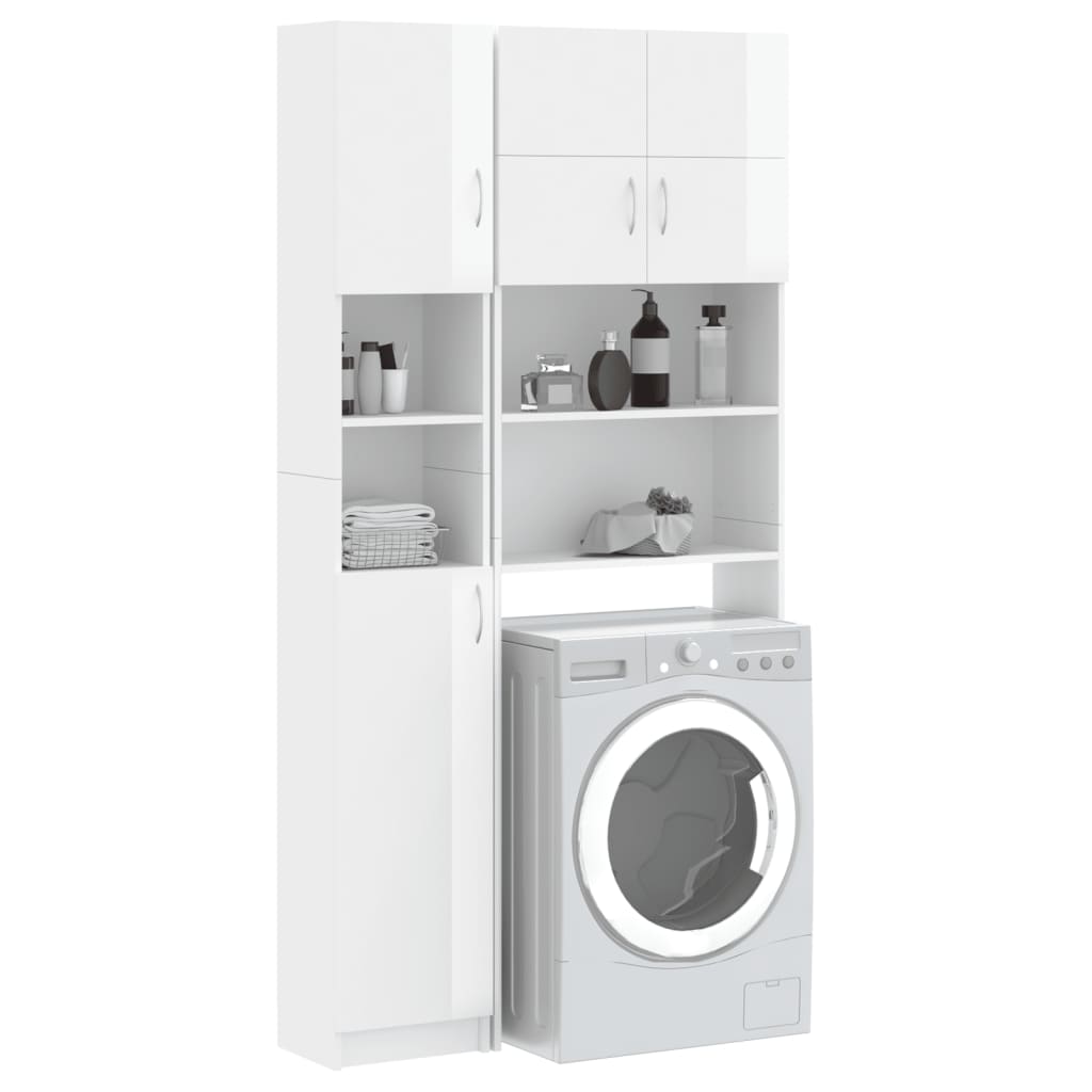 Washing Machine Cabinet Set High Gloss White Engineered Wood