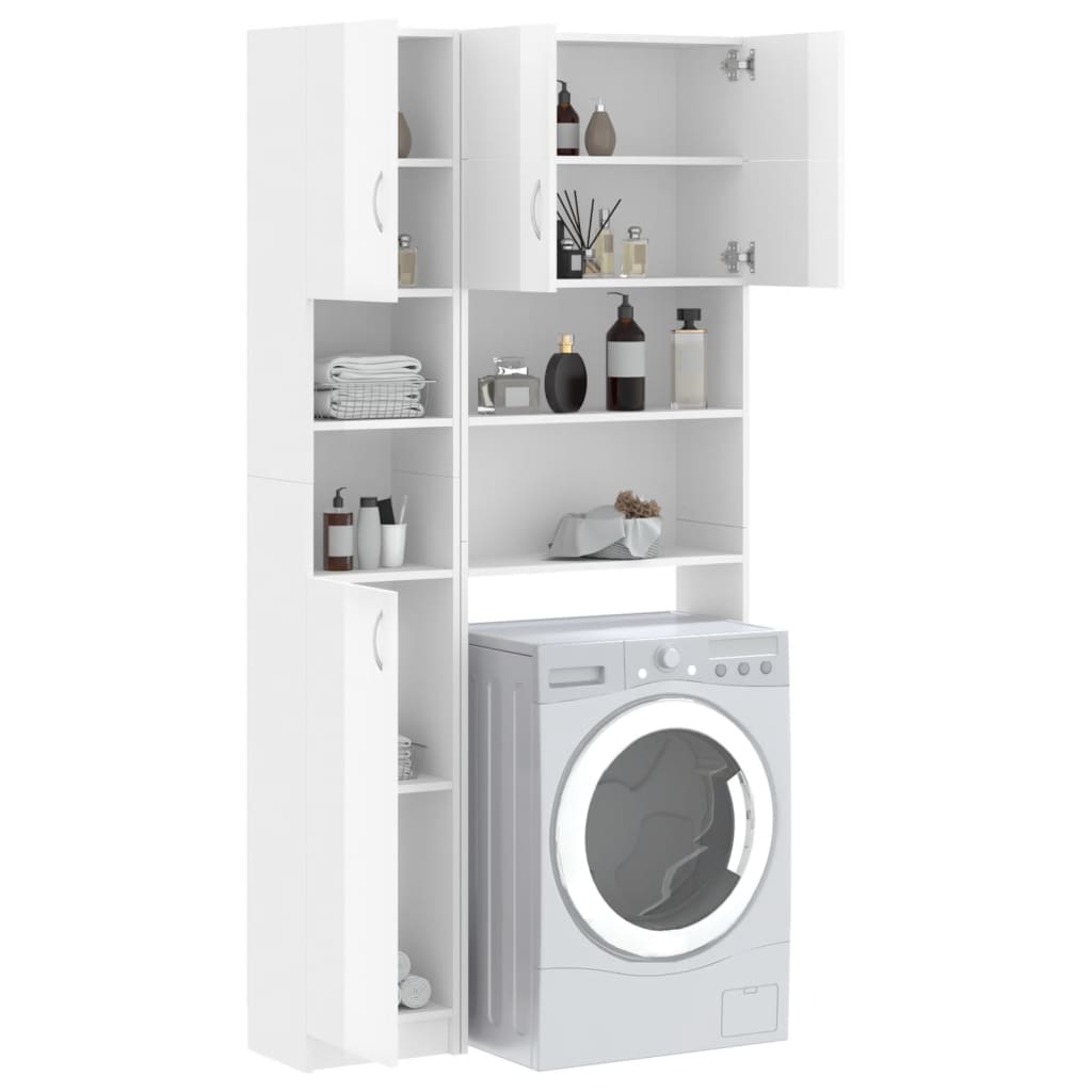 Washing Machine Cabinet Set High Gloss White Engineered Wood