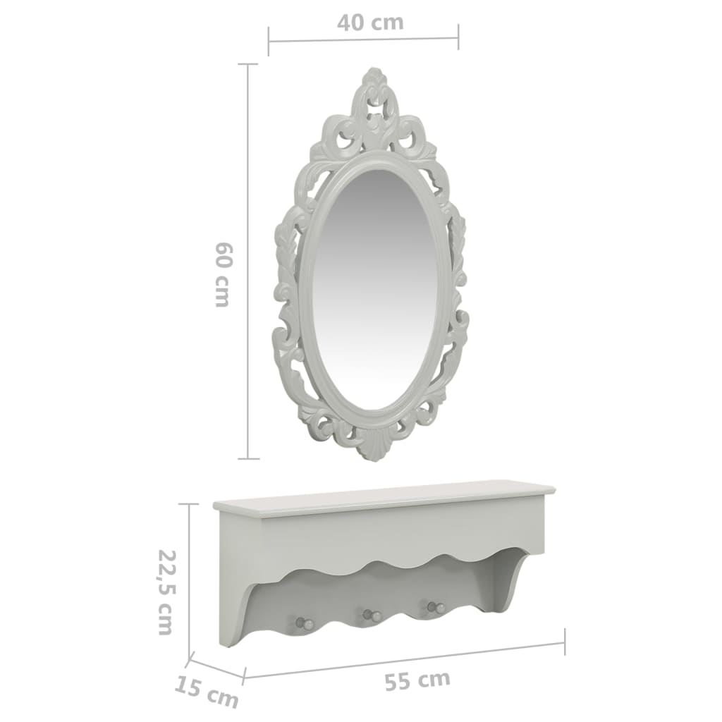 Wall Shelf Set for Keys&Jewelery with Mirror and Hooks Grey