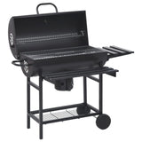 Barrel Grill with Wheels and Shelves Black Steel 115x85x95 cm