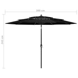 3-Tier Garden Parasol with Aluminium Pole Black 3 m