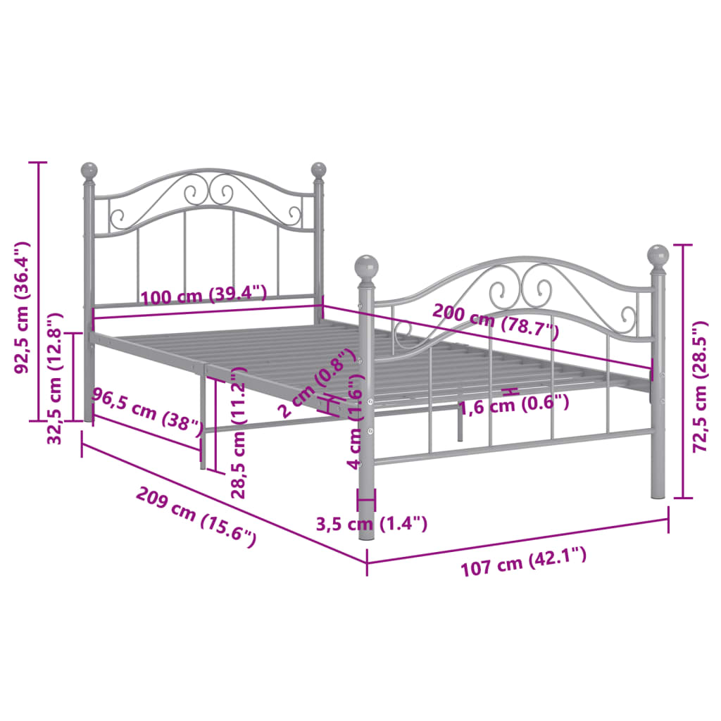 Bed Frame without Mattress Grey Metal 100x200 cm