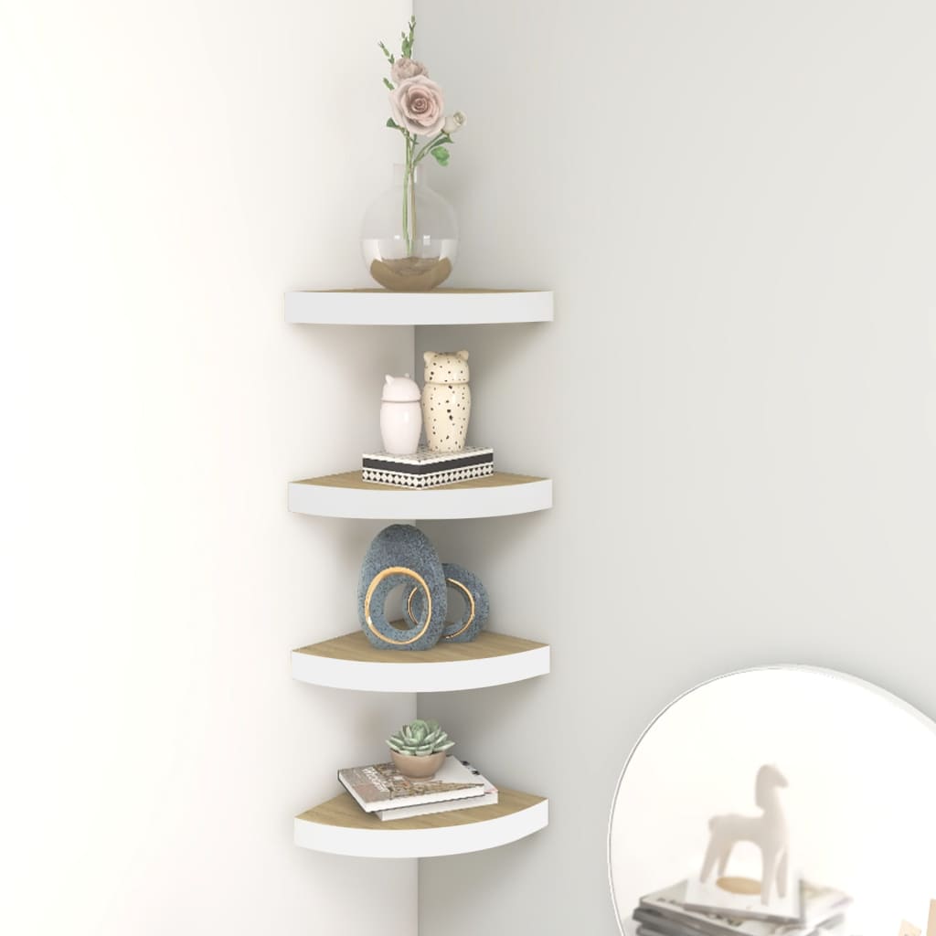 Wall Corner Shelves 4 pcs Oak and White 35x35x3.8 cm MDF