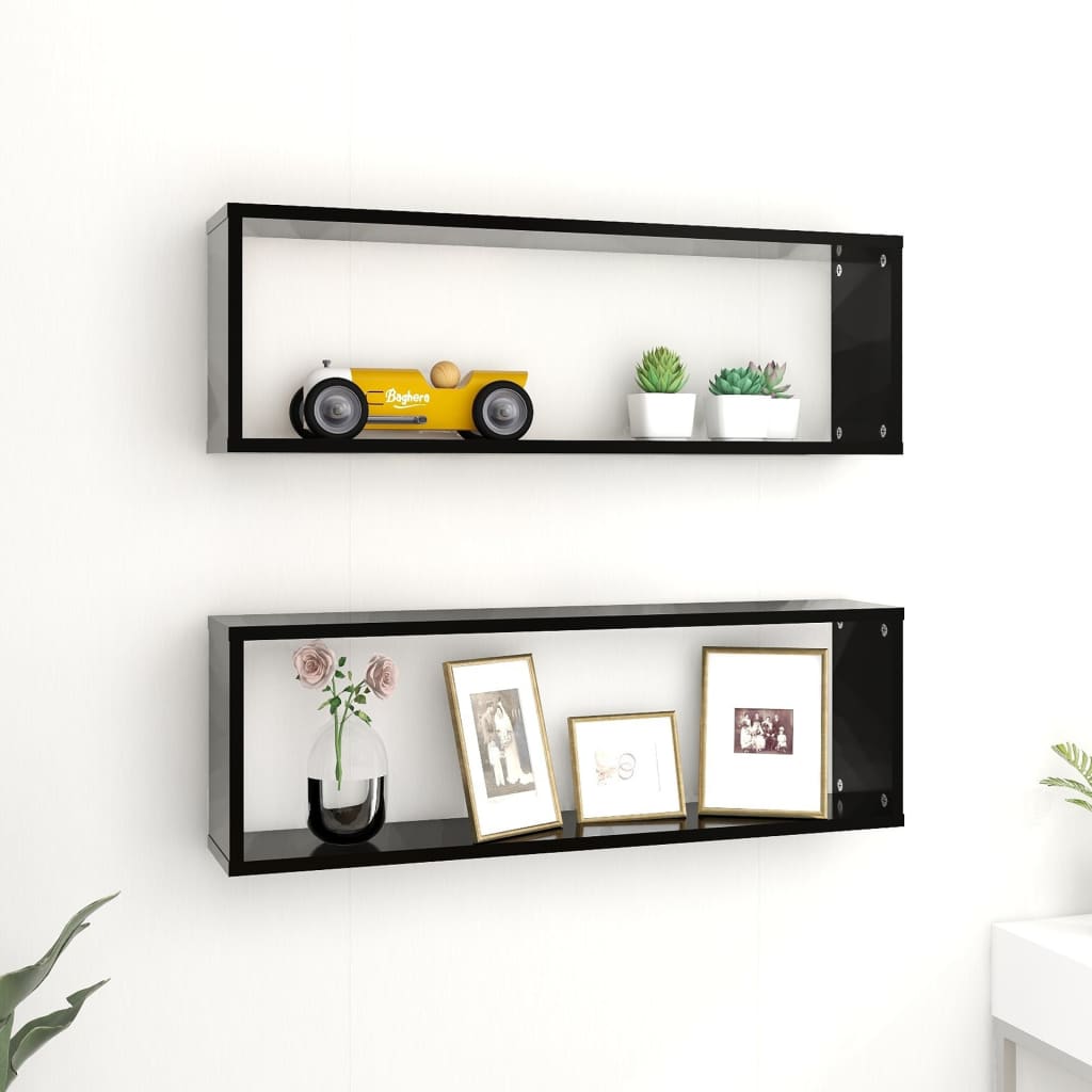 Wall Cube Shelf 2 pcs Black 80x15x26.5 cm Engineered Wood