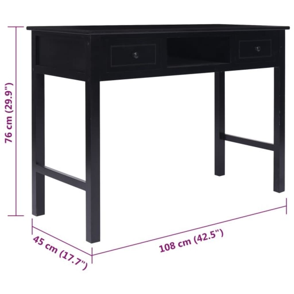 Writing Desk Black 108x45x76 cm Solid Wood Paulownia