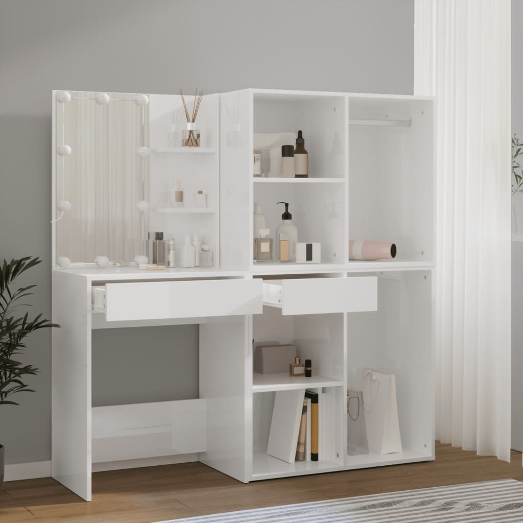 LED Dressing Table with 2 Cabinets High Gloss White Engineered Wood