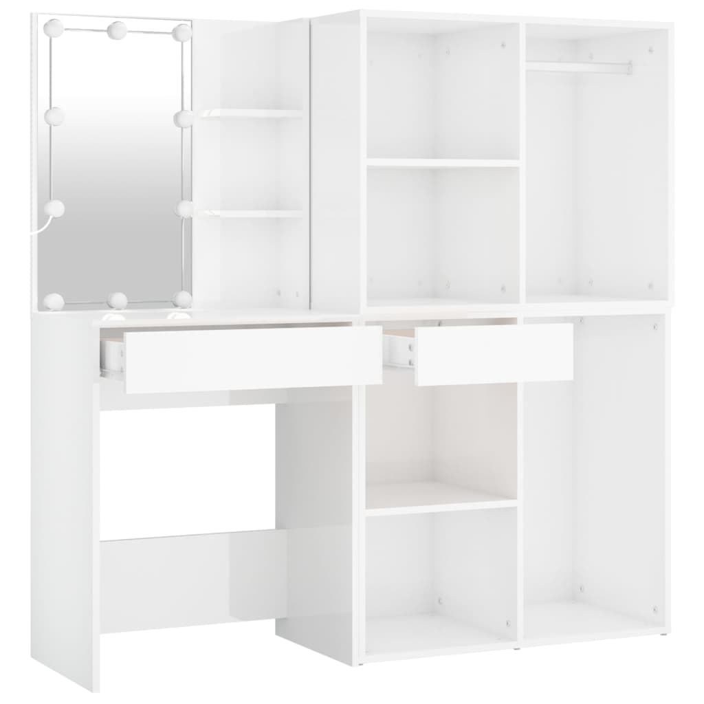 LED Dressing Table with 2 Cabinets High Gloss White Engineered Wood