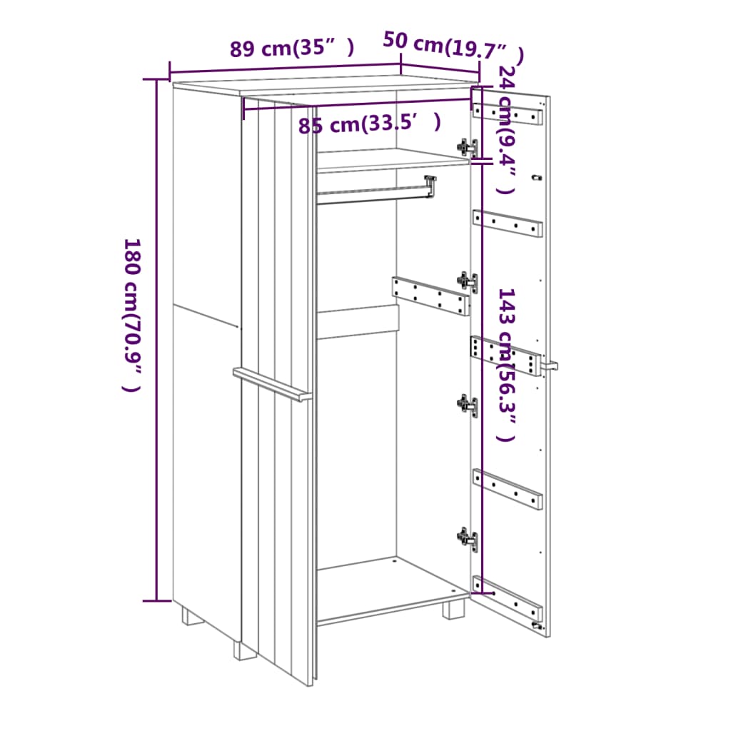 Wardrobe HAMAR Light Grey 89x50x180 cm Solid Wood Pine