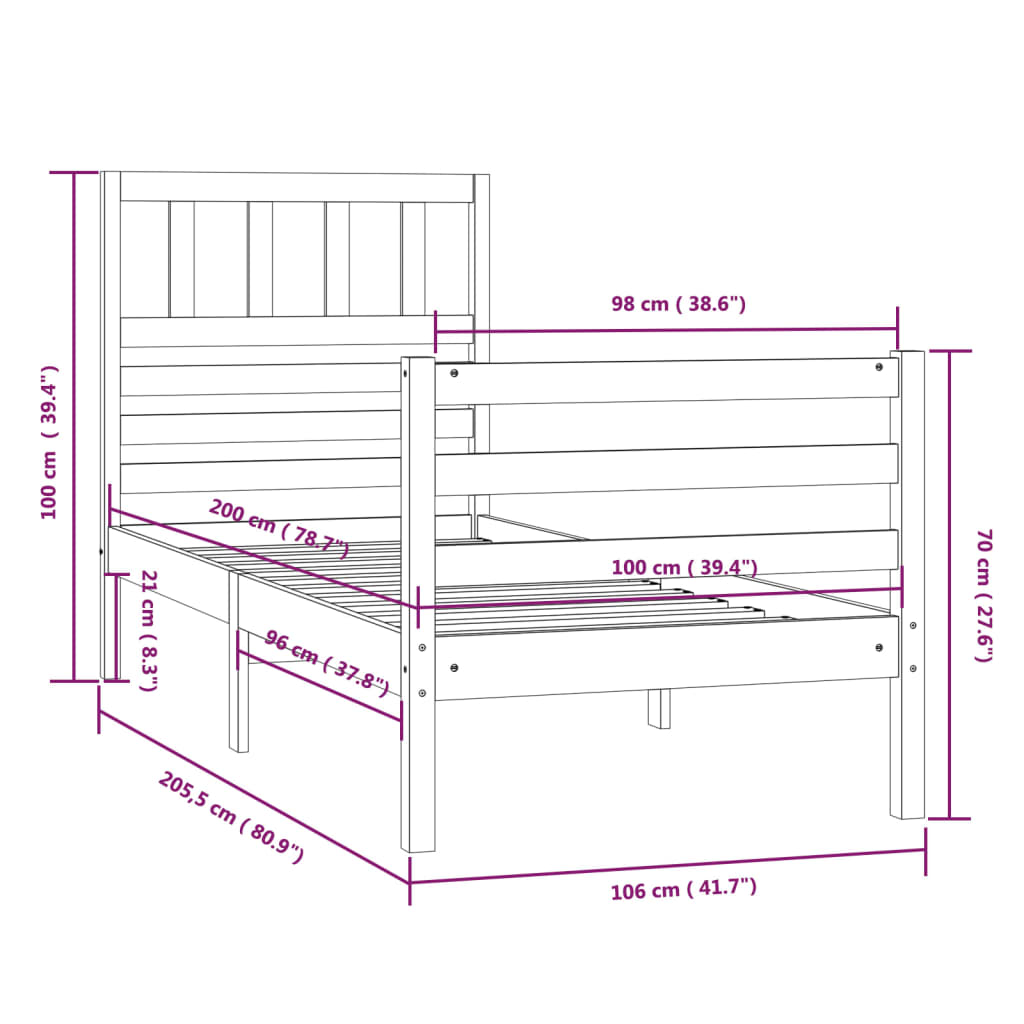 Bed Frame without Mattress Solid Wood 100x200 cm