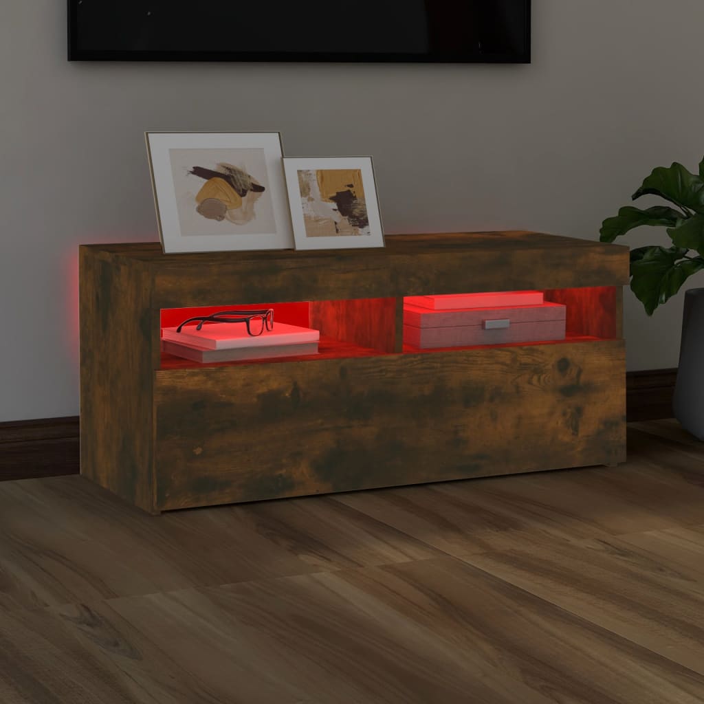 TV Cabinet with LED Lights Smoked Oak 90x35x40 cm