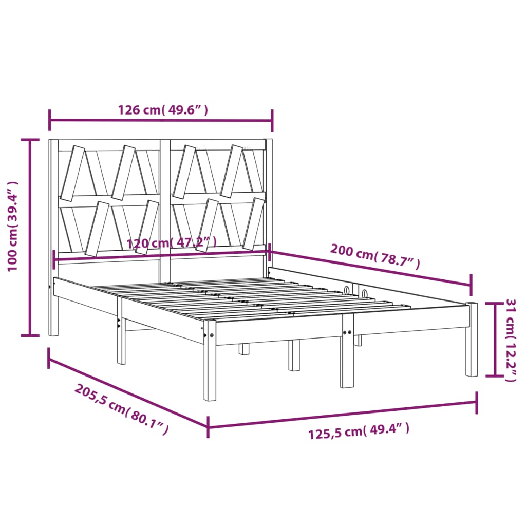 3103993 vidaXL Bed Frame without Mattress Solid Wood 120x200 cm (810012+818610)