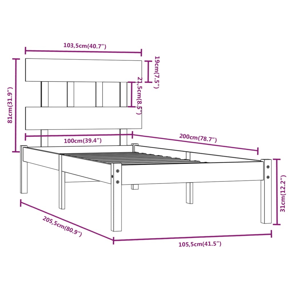 Bed Frame without Mattress Honey Brown 100x200 cm Solid Wood