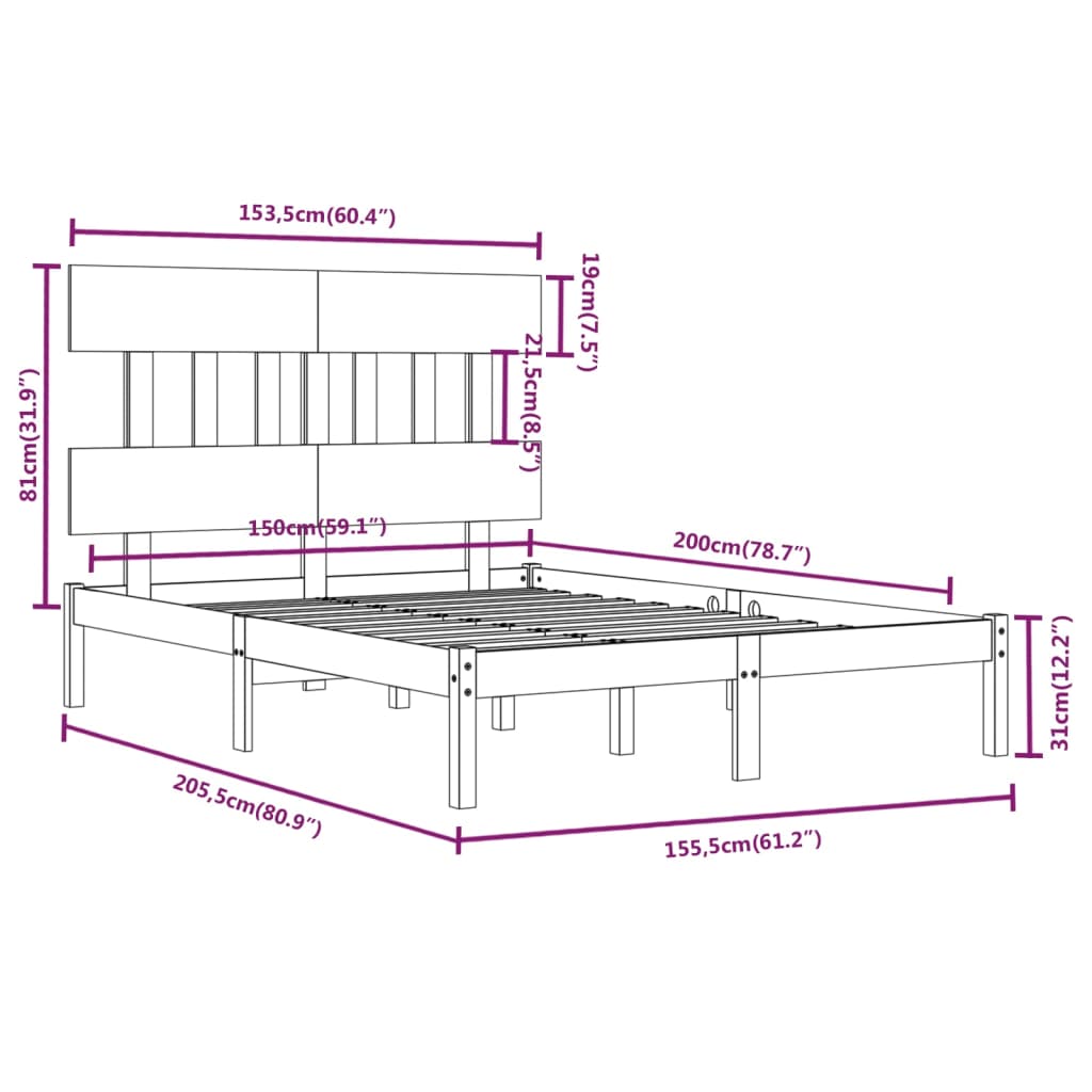 Bed Frame without Mattress White 150x200 cm King Size Solid Wood