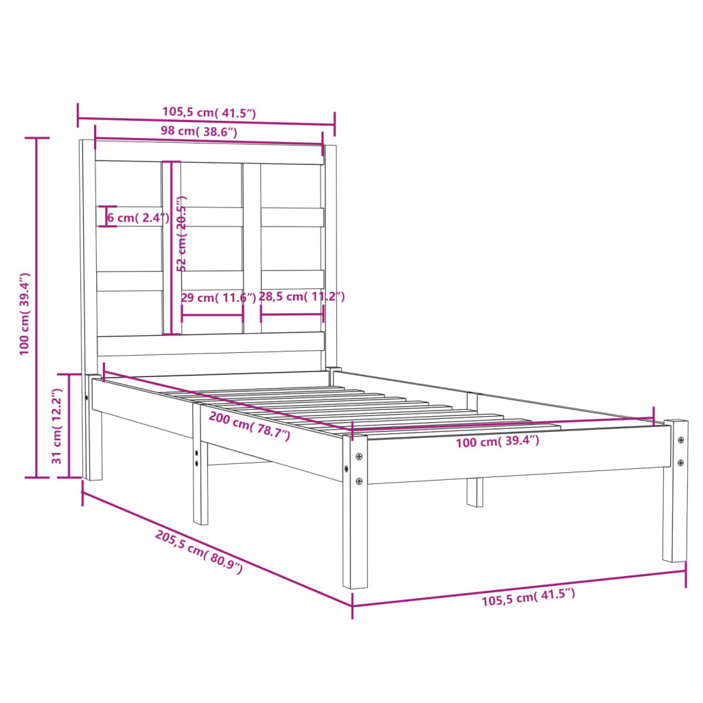 Bed Frame without Mattress 100x200 cm Solid Wood