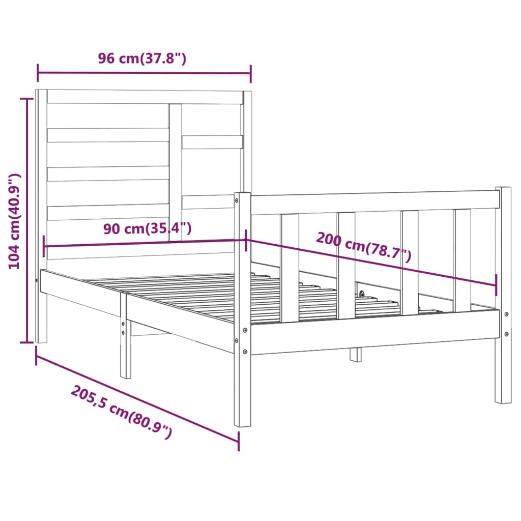 Bed Frame without Mattress Black 90x200 cm Solid Wood Pine