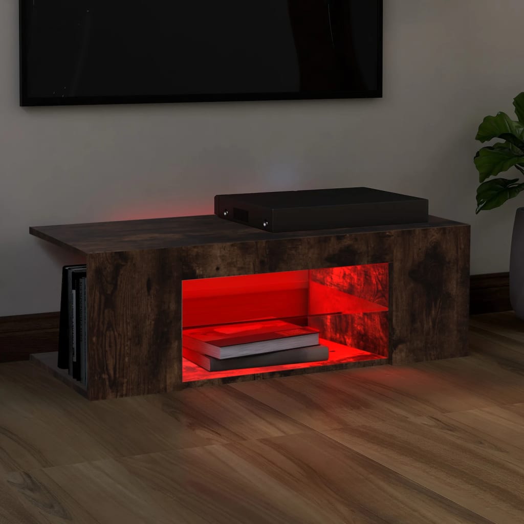 TV Cabinet with LED Lights Smoked Oak 90x39x30 cm