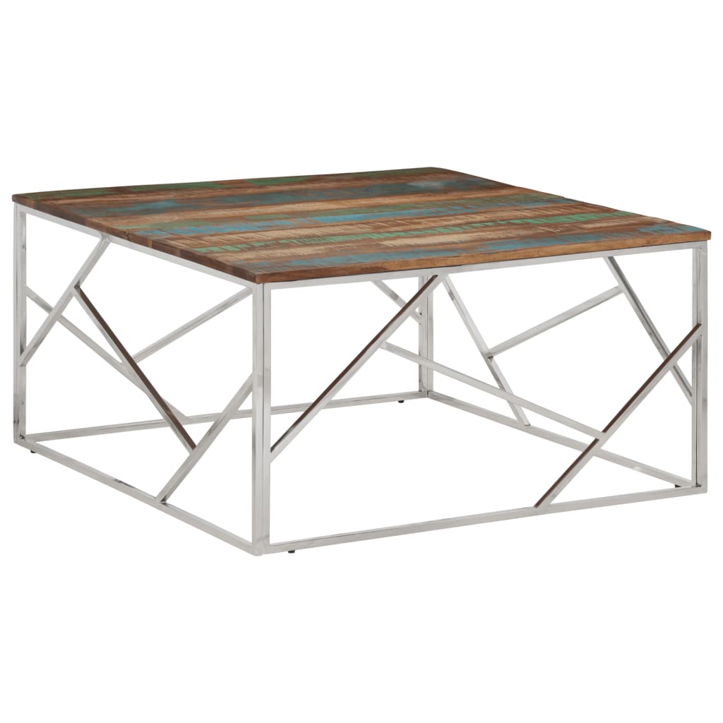 Coffee Table Silver Stainless Steel and Solid Wood Reclaimed