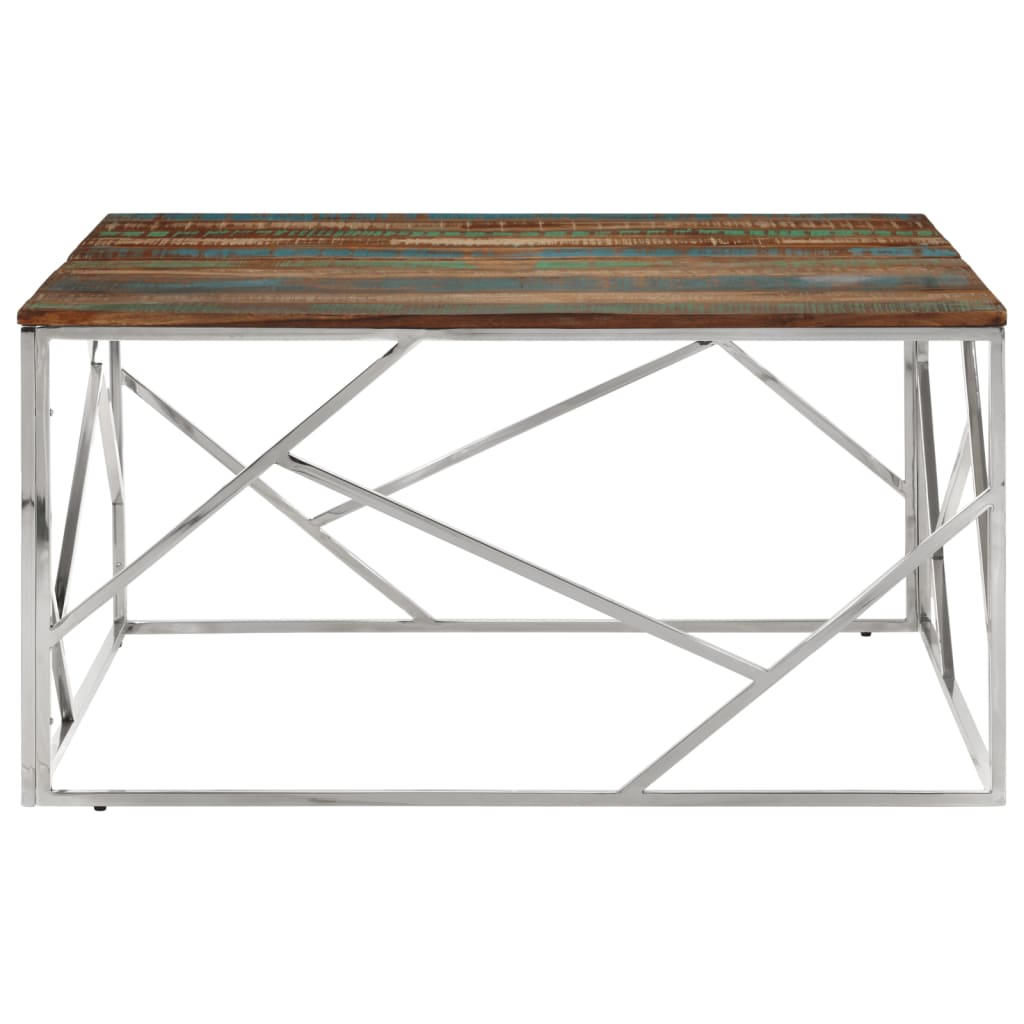 Coffee Table Silver Stainless Steel and Solid Wood Reclaimed