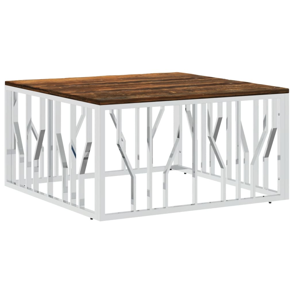 Coffee Table Silver Stainless Steel and Solid Wood Reclaimed