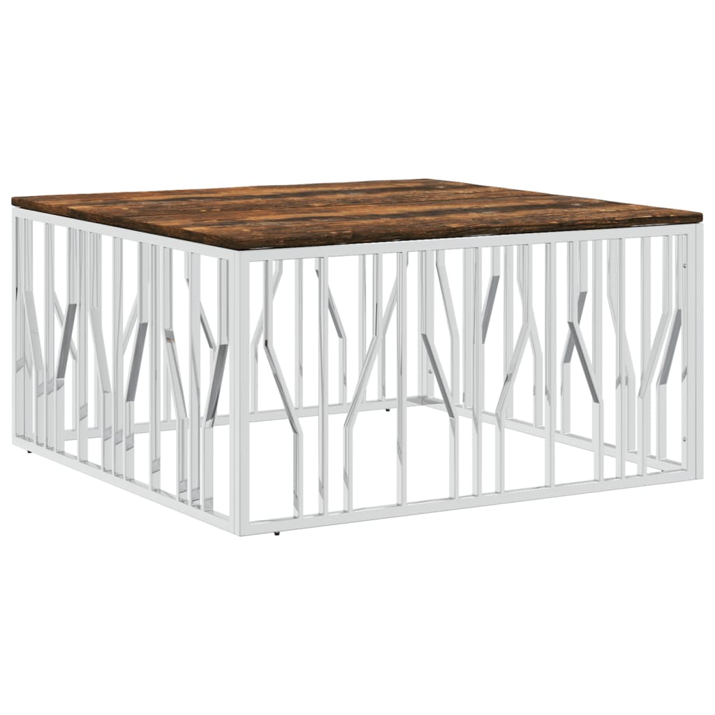 Coffee Table Silver Stainless Steel and Solid Wood Reclaimed