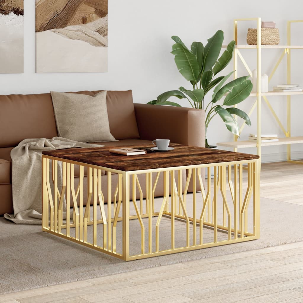 Coffee Table Gold Stainless Steel and Solid Wood Reclaimed