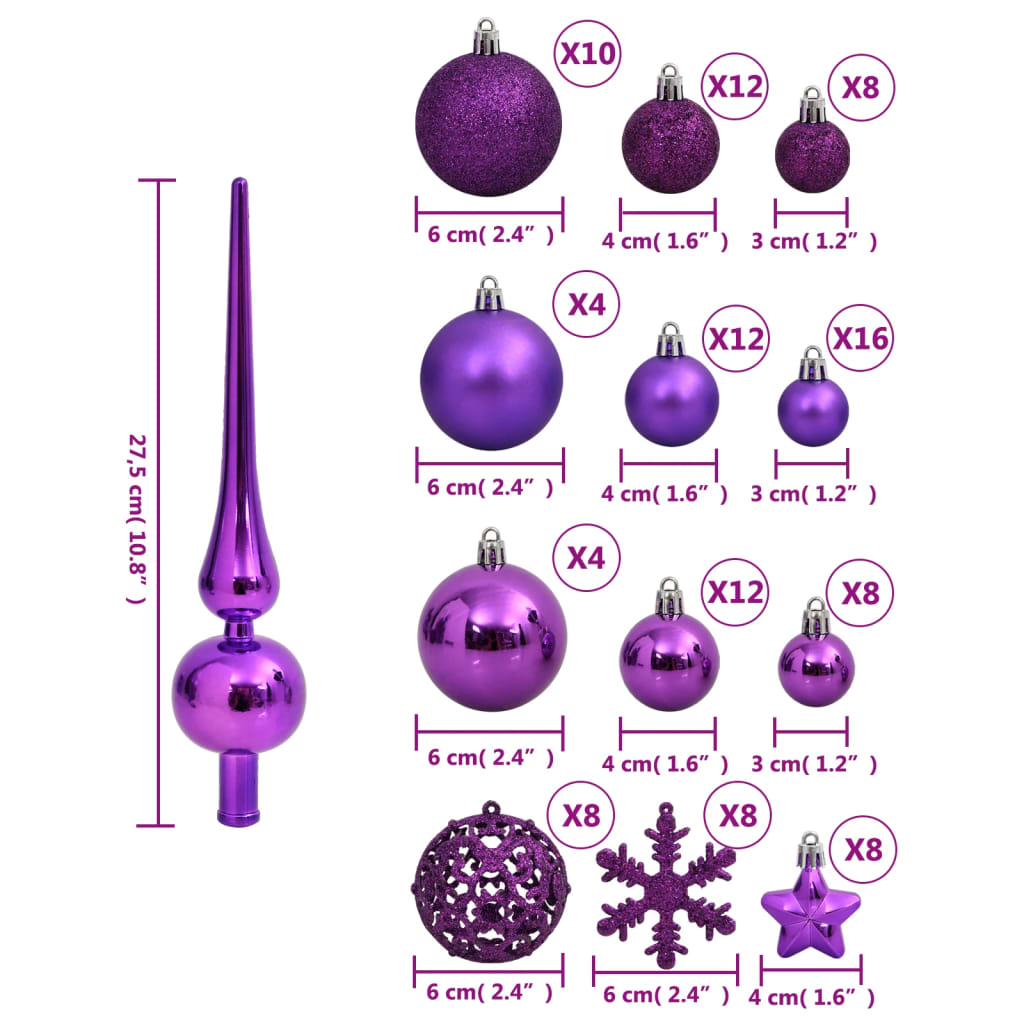 111 Piece Christmas Bauble Set Purple Polystyrene