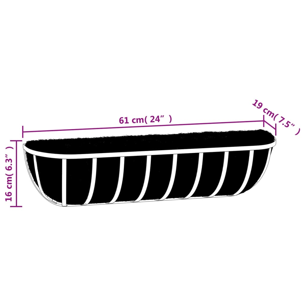 Wall Troughs 2 pcs with Coco Liners Black 61x19x16 cm Steel