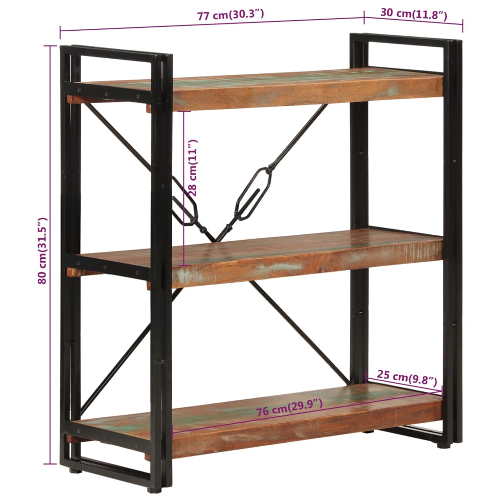 3-Tier Bookcase 77x30x80 cm Solid Wood Reclaimed and Iron