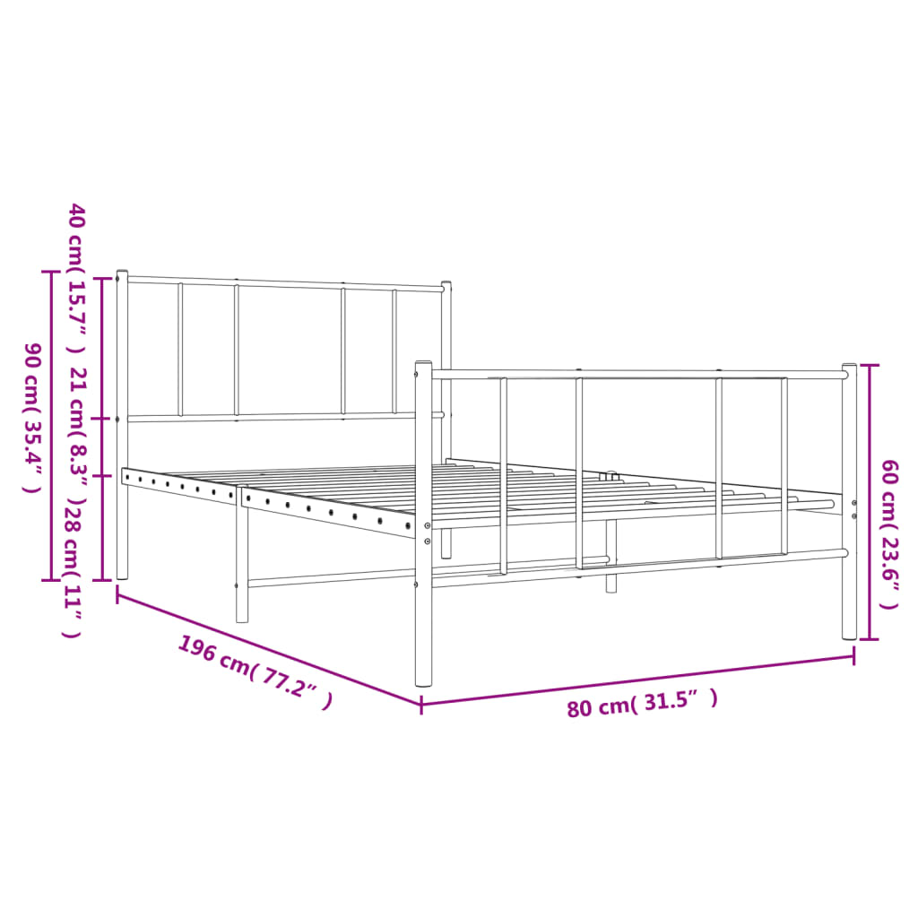 Metal Bed Frame without Mattress with Footboard White 75x190cm