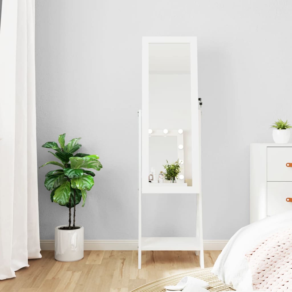 Mirror Jewellery Cabinet with LED Lights Free Standing White