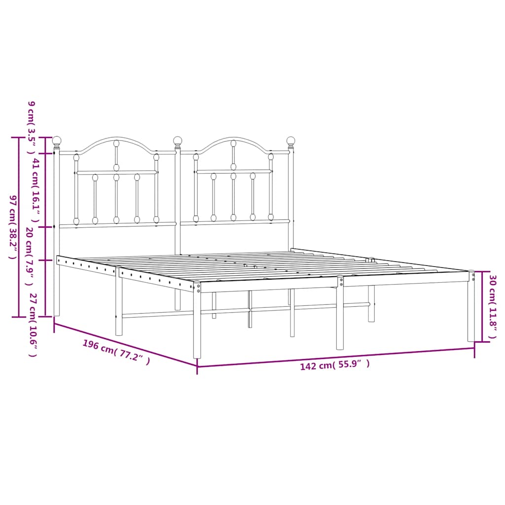 Metal Bed Frame without Mattress with Headboard Black 135x190cm