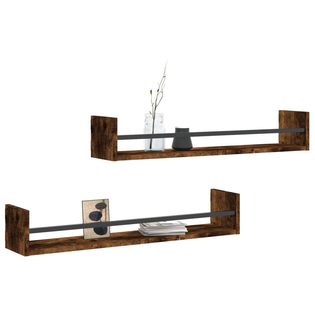 Wall Shelves with Bars 2 pcs Smoked Oak 80x16x14 cm