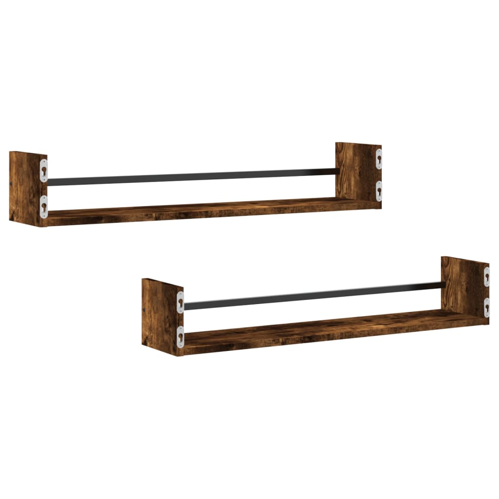 Wall Shelves with Bars 2 pcs Smoked Oak 80x16x14 cm