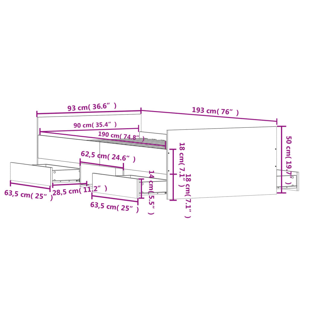 Bed Frame without Mattress Grey Sonoma 90x190 cm Single