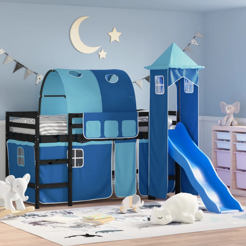 Kids' Loft Bed with Tower without Mattress Blue 90x200 cm