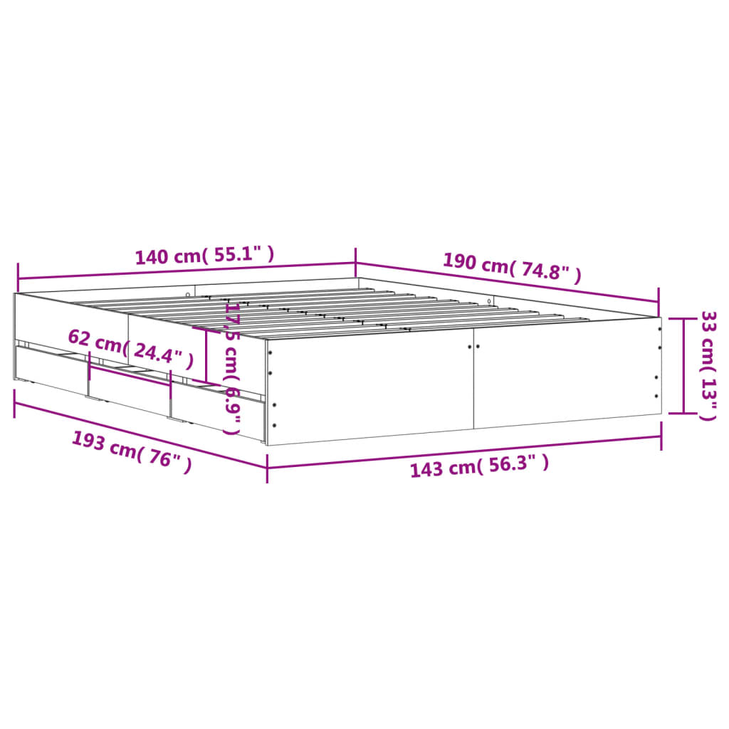 Bed Frame with Drawers without Mattress Smoked Oak 140x190 cm