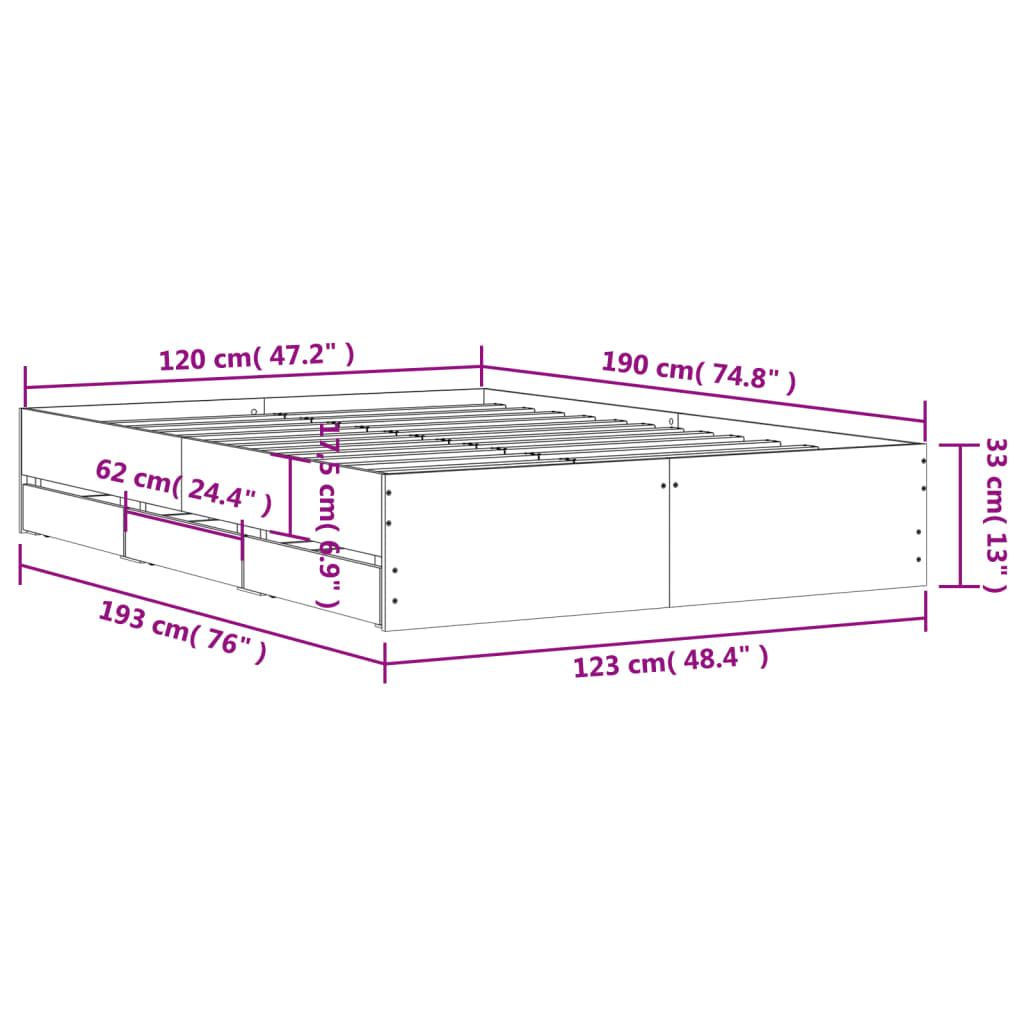 Bed Frame with Drawers without Mattress Brown Oak 120x190 cm Small Double