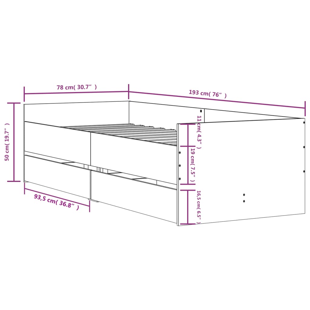 Bed Frame without Mattress Grey Sonoma 75x190 cm Small Single Small Single