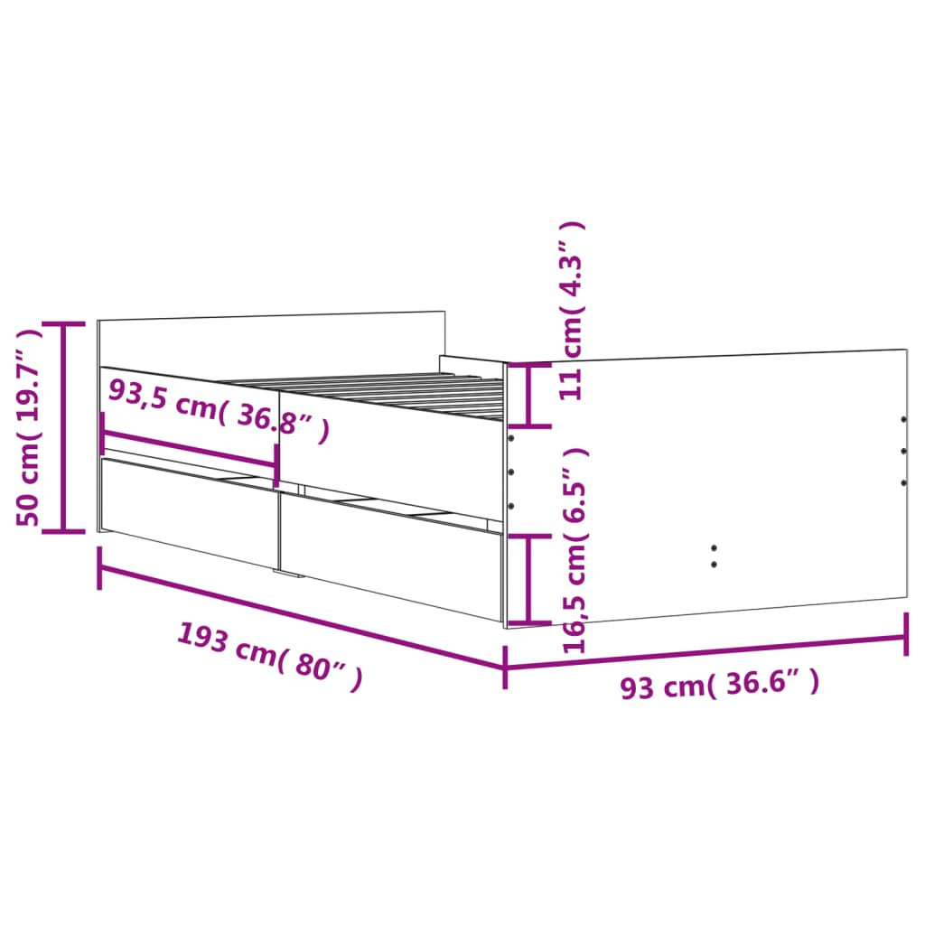 Bed Frame with Drawers without Mattress Concrete Grey 90x190 cm Single