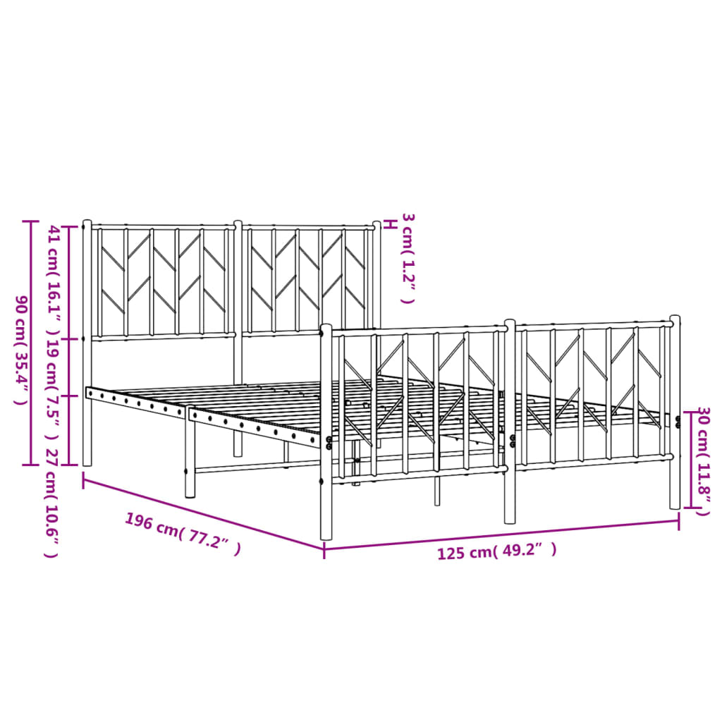 Metal Bed Frame without Mattress with Footboard Black 120x190cm