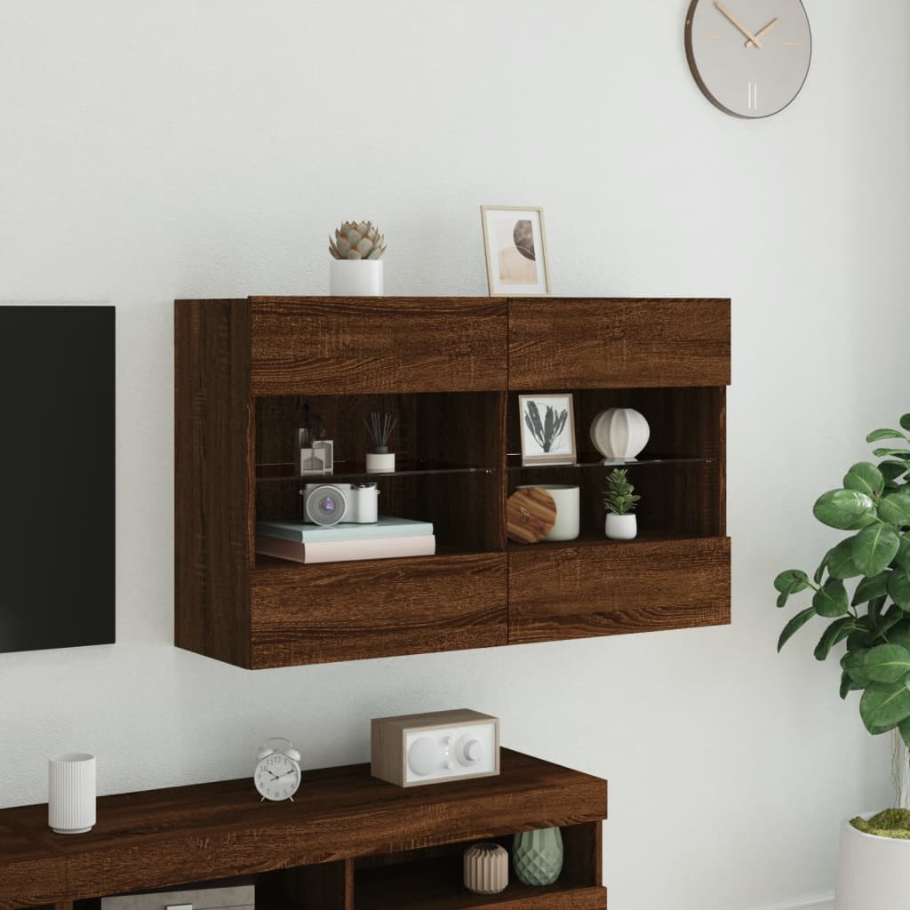 TV Wall Cabinet with LED Lights Brown Oak 98.5x30x60.5 cm