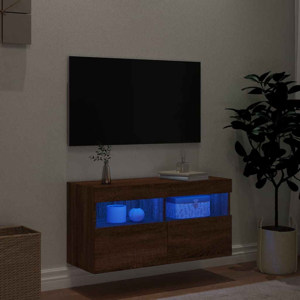 TV Wall Cabinet with LED Lights Brown Oak 80x30x40 cm